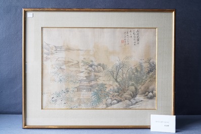 Chinese school, ink and colour on silk, 20th C.: 'Three landscape views'