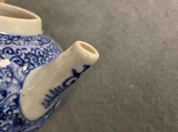 A Chinese blue and white teapot and a pair of wine cups, Kangxi