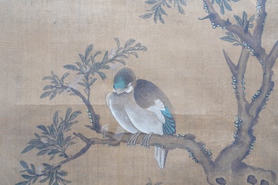 Shen Quan (1682-1762) encre et couleurs sur soie, 18&egrave;me: 'Deux sc&egrave;nes aux oiseaux'