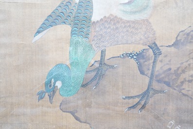 Shen Quan (1682-1762) encre et couleurs sur soie, 18&egrave;me: 'Deux sc&egrave;nes aux oiseaux'