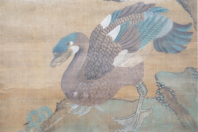 Shen Quan (1682-1762) encre et couleurs sur soie, 18&egrave;me: 'Deux sc&egrave;nes aux oiseaux'