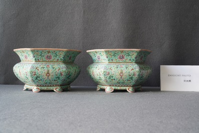 A pair of Chinese famille rose jardini&egrave;res on stands, Qianlong mark, Jiaqing