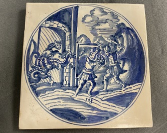A large blue and white mythological tile, Harlingen, 18th C.