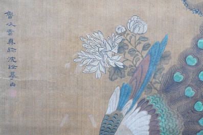 Shen Quan (1682-1762) encre et couleurs sur soie, 18&egrave;me: 'Deux sc&egrave;nes aux oiseaux'