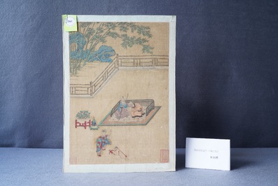 Chinese school, ink and colour on silk, 18/19th C.: 'A jester in front of an elderly couple in a daybed'