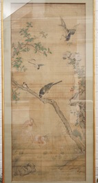 Ecole chinoise, encre et couleurs sur soie, 18/19&egrave;me: 'Des oiseaux et leurs proies'