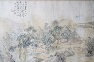 Chinese school, inkt en kleur op zijde, 20e eeuw: 'Drie landschappen'