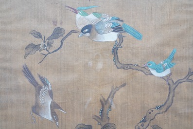 Shen Quan (1682-1762) encre et couleurs sur soie, 18&egrave;me: 'Deux sc&egrave;nes aux oiseaux'