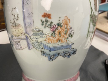 A Chinese famille rose vase with a tattoo scene from 'Jing Zhang Bao Guo', Qianlong mark, 19/20th C.