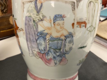 A Chinese famille rose vase with a tattoo scene from 'Jing Zhang Bao Guo', Qianlong mark, 19/20th C.