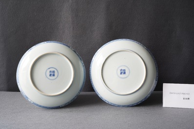 Een paar Chinese blauw-witte borden met verhalend decor, Kangxi/Yongzheng