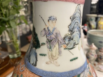 A Chinese famille rose vase with a tattoo scene from 'Jing Zhang Bao Guo', Qianlong mark, 19/20th C.