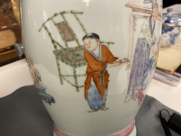 A Chinese famille rose vase with a tattoo scene from 'Jing Zhang Bao Guo', Qianlong mark, 19/20th C.