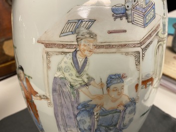 A Chinese famille rose vase with a tattoo scene from 'Jing Zhang Bao Guo', Qianlong mark, 19/20th C.