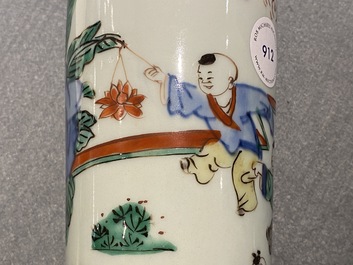 A Chinese wucai rouleau 'playing boys' vase, Transitional period