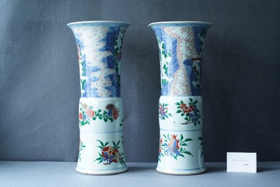 A pair of large Chinese wucai 'gu' vases, Transitional period