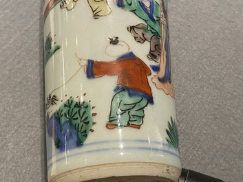 A Chinese wucai rouleau 'playing boys' vase, Transitional period