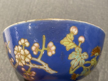 Four Chinese blue-ground bowls with floral designs, Yongzheng mark, Republic