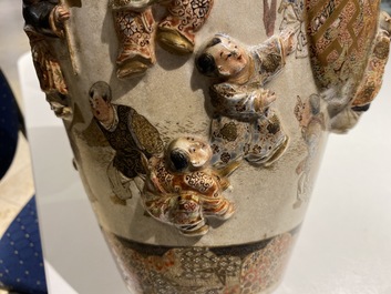 Two Japanese relief-moulded Satsuma vases, Meiji, 19th C.