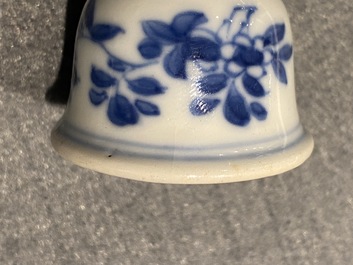 Four Chinese blue and white miniature vases and a huqqa base, Kangxi