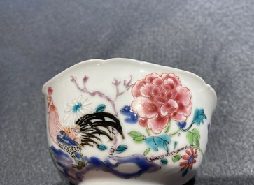 A Chinese famille rose 'rooster' cup and saucer, Yongzheng