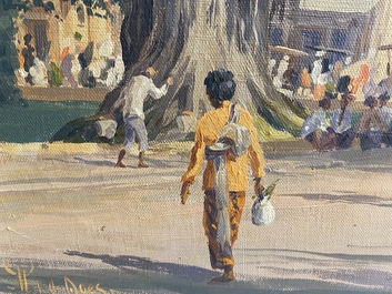 Willem Jan Pieter van der Does (1889-1966), olie op doek: 'Straatzicht in Bali'