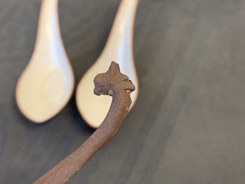 Six Chinese Yixing stoneware, lacquer and Canton enamel spoons, 19/20th C.