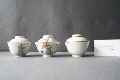 Three Chinese famille rose and grisaille bowls and covers, 19th C.