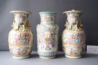 Une paire de vases en porcelaine de Chine famille rose de Canton et un vase individuel, 19&egrave;me