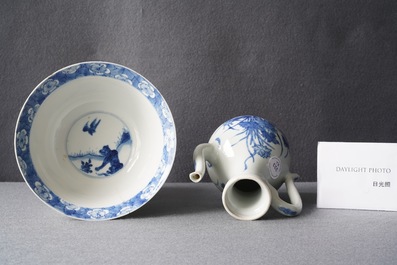 A Chinese blue and white ewer and a 'tiger' bowl, Kangxi mark and of the period