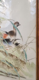 Een grote Chinese rechthoekige plaquette met eenden bij het riet, zegelmerk, Republiek