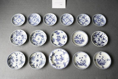 Twenty Chinese blue and white cups and twenty-four saucers, Kangxi