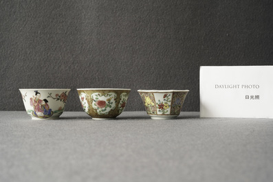 Three Chinese famille rose cups and saucers, Yongzheng/Qianlong