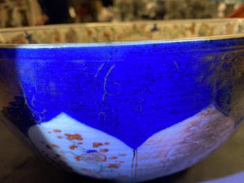 A Chinese verte-Imari powder blue-ground bowl, Kangxi