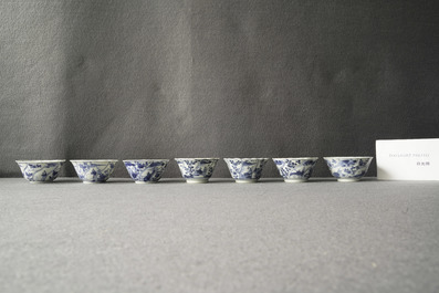 Twenty Chinese blue and white cups and twenty-four saucers, Kangxi