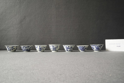 Twenty Chinese blue and white cups and twenty-four saucers, Kangxi