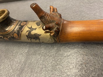 A Chinese bamboo, jadeite, paktong and Yixing stoneware opium pipe, 19th C.