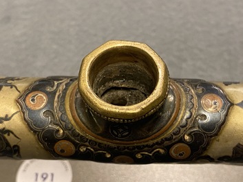 A Chinese bamboo, jadeite, paktong and Yixing stoneware opium pipe, 19th C.