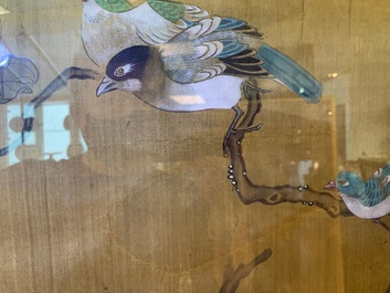 Shen Quan (1682-1762) encre et couleurs sur soie, 18&egrave;me: 'Deux sc&egrave;nes aux oiseaux'