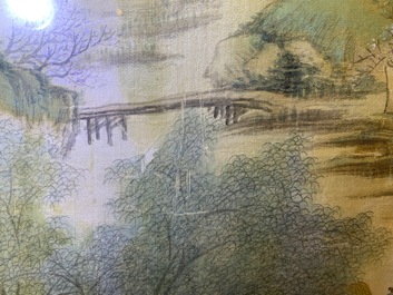 Chinese school, ink and colour on silk, 20th C.: 'Three landscape views'