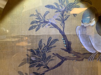 Shen Quan (1682-1762), ink and colour on silk, 18th C.: 'Two  scenes with birds'