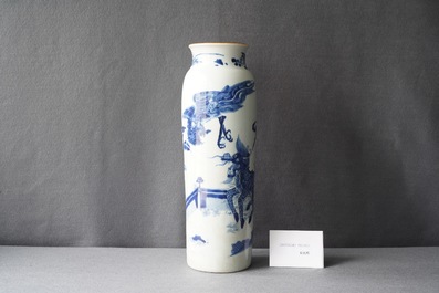 A Chinese blue and white 'qilin and phoenix' sleeve vase, Transitional period