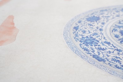 Chinese school, colour on paper, 19th C.: 'A blue and white porcelain Yuan period dish'