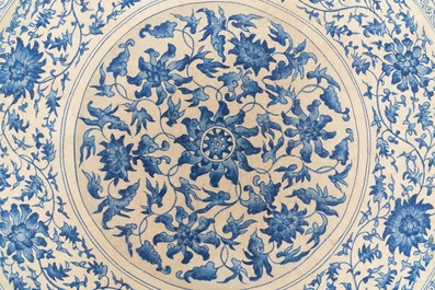 Chinese school, colour on paper, 19th C.: 'A blue and white porcelain Yuan period dish'