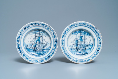 A pair of Dutch Delft blue and white plates with threemasters, 18th C.