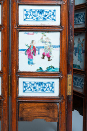 A Chinese wooden four-fold screen with famille rose plaques, 19th C.