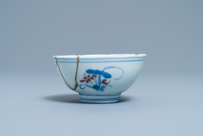 A Chinese blue, white and copper red bowl with kintsugi repair, Chenghua mark, Kangxi
