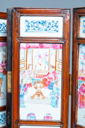 A Chinese wooden four-fold screen with famille rose plaques, 19th C.