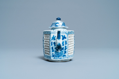 A Chinese blue and white reticulated double-walled teapot and cover, Kangxi