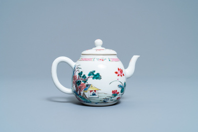 A Chinese famille rose teapot on stand with landscape design, Yongzheng